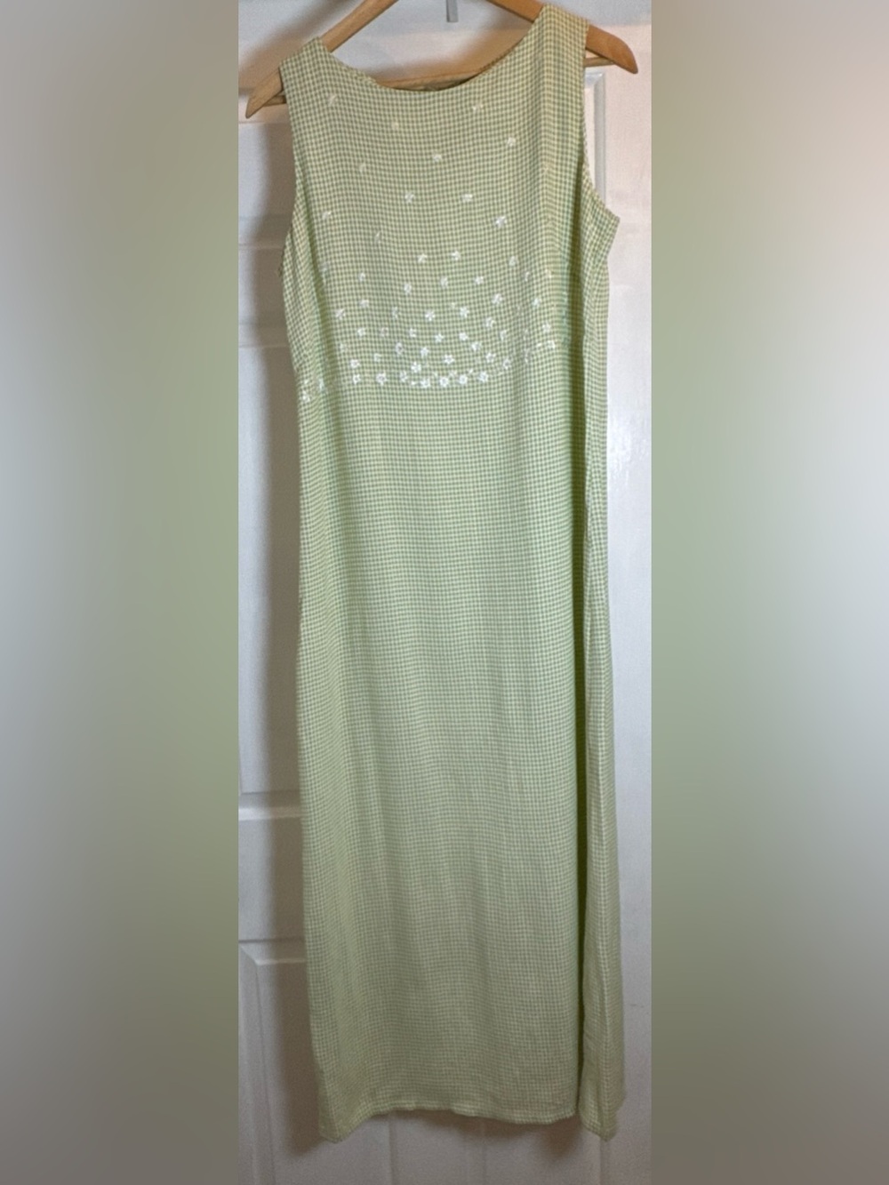 Emma James Green Checked Floral Embroidered Maxi Dress Size 8 Coastal Beachy